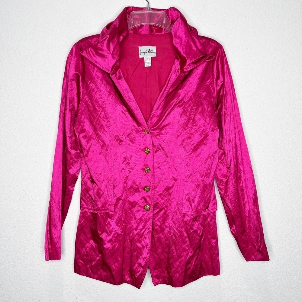 Vintage Joseph Ribkoff Satin Metallic Hot Pink Blazer Artsy Wild Funky Statement